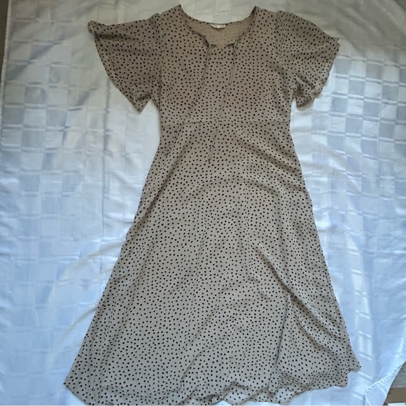 Roolee Tan Polka Dot Feminine A-line Flutter Sleeve Maxi Dress - Picture 13 of 14